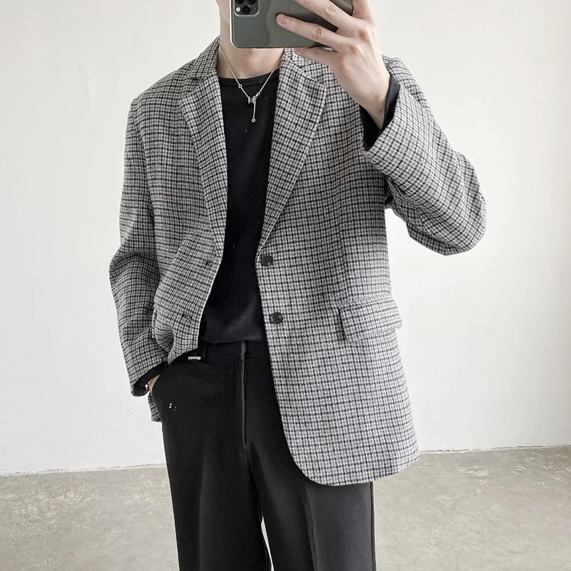 Spring Autumn Blazer Suit Jacket Oversize Top Cardigan Korean Plaid Casual Blazers for Man Quilting Vintage Clothes