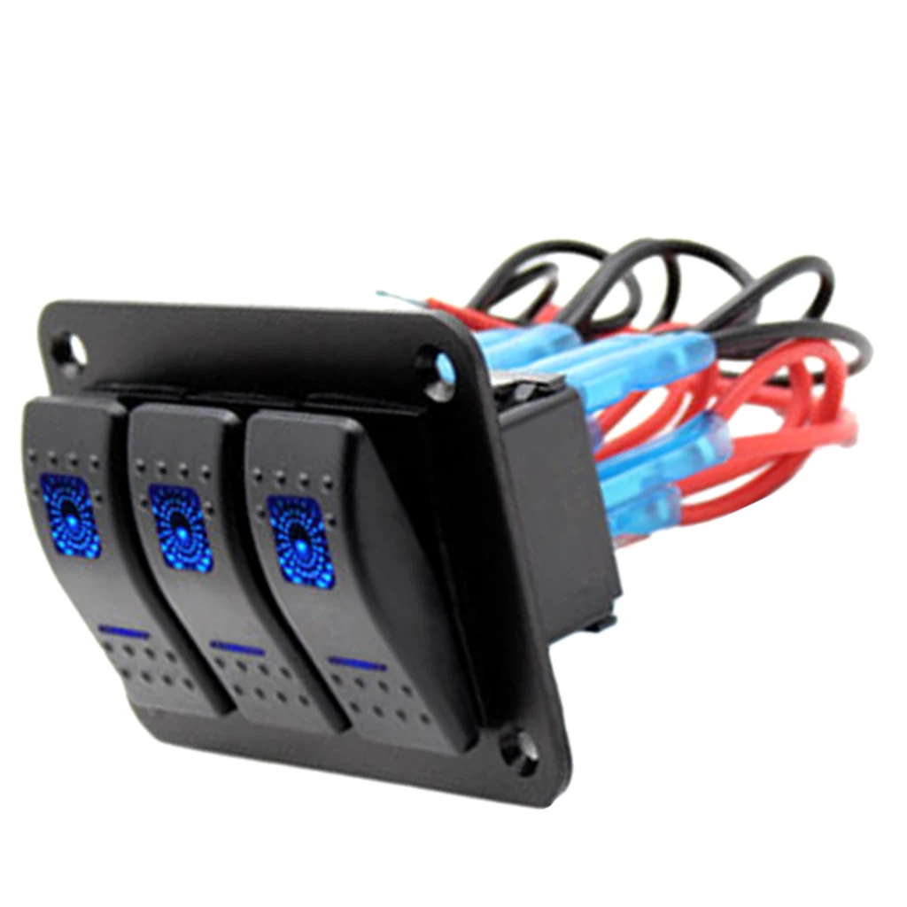 Marine Boat Rocker Switch Panel 3 Gang, Blue Backlit LED, Pre-Wired for Marine, Boat, Car, Truck