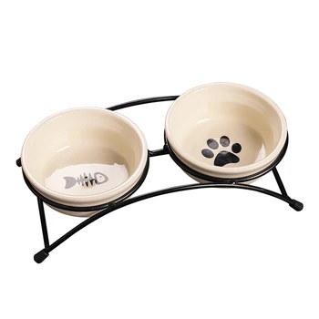 

Double Ceramic Cat Bowl Set Food Feeder Cat Tableware with Metal Bracket for Cats and Dogs, White