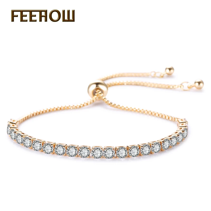 Gold Color FEEHOW, высокое качество, модные, Круглые, кубический цирконий, теннисные, регулируемые браслеты и браслеты для женщин, кристалл, свадебные ювелирные изделия, FWBP144 - Окраска металла: Gold Color