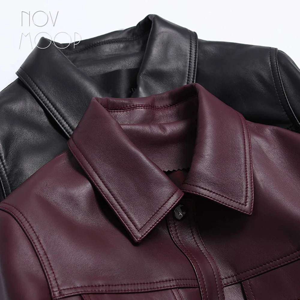 Novmoop осень черные, винно-красные шикарное ожерелье с натуральным жемчугом, однобортное пальто из овчины Натуральная кожа куртка для женщин пальто кардиган на молнии куртки; искусственная кожа; Прямая(дропшиппинг); damskie LT2823