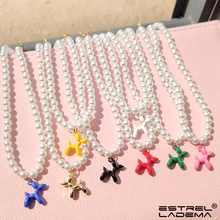 

Y2k Rainbow Color Balloon Puppy Dog Pendant Beaded Necklace For Women Alloy Poodle Balloon Dog Pearl Beads Necklaces Jewelry New