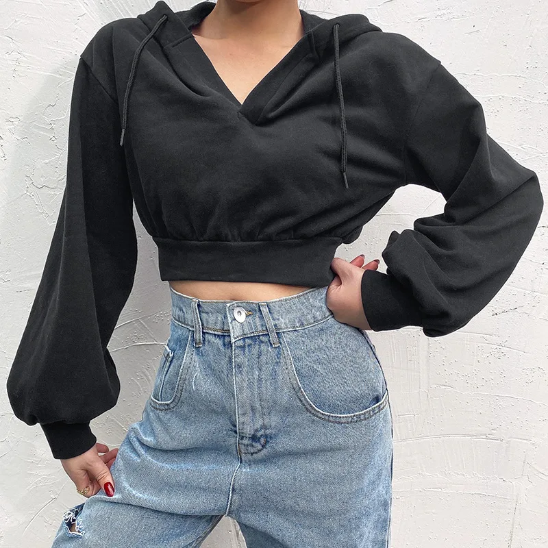 

Women V Neck Drawstring Hoodies Sexy Exposed Navel Hoodies Autumn Casual Long Sleeve Solid Color Loose Fit Sweatshirts Crop Tops