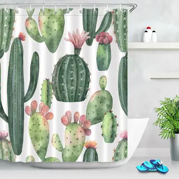 

Watercolor Cactus Flower Waterproof Fabric Shower Curtain Set Bathroom Custom