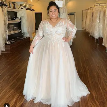

2020 Wedding Dress Plus Size Long Sleeve Long Lace Appliques Sexy V-Neck Bridal Gowns Large Size White Ivory Shinning Brides