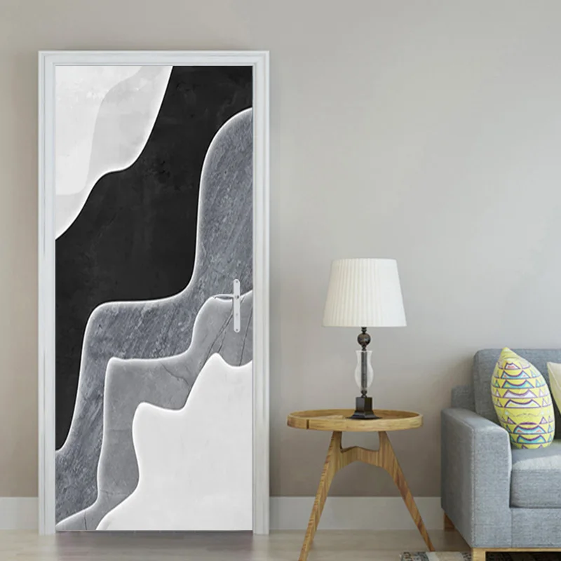 

PVC Waterproof Self-adhesive Door Sticker Black white Grey Geometric Pattern Photo Mural Bedroom Living Room Wall Decoration 3D