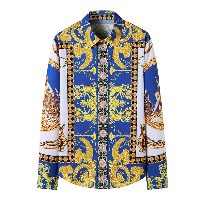 

Luxury Gold Print Men Royal Retro Long Sleeve Shirts Casual Streetwear Blouse Homme Men's Clothing Club Party Shirt,US SIZE
