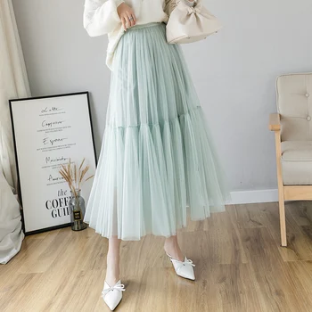 

2020 Spring New Style Versatile Mesh Skirt Big Hemline Skirt Long Skirts Weight Control Pleated Skirt Women's