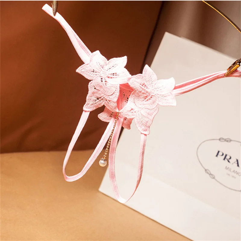 Pink Открытый промежность кулон прозрачные сексуальные трусики нижнее белье кружева жемчужные стринги с вырезами трусики стринги 29 - Цвет: Pink