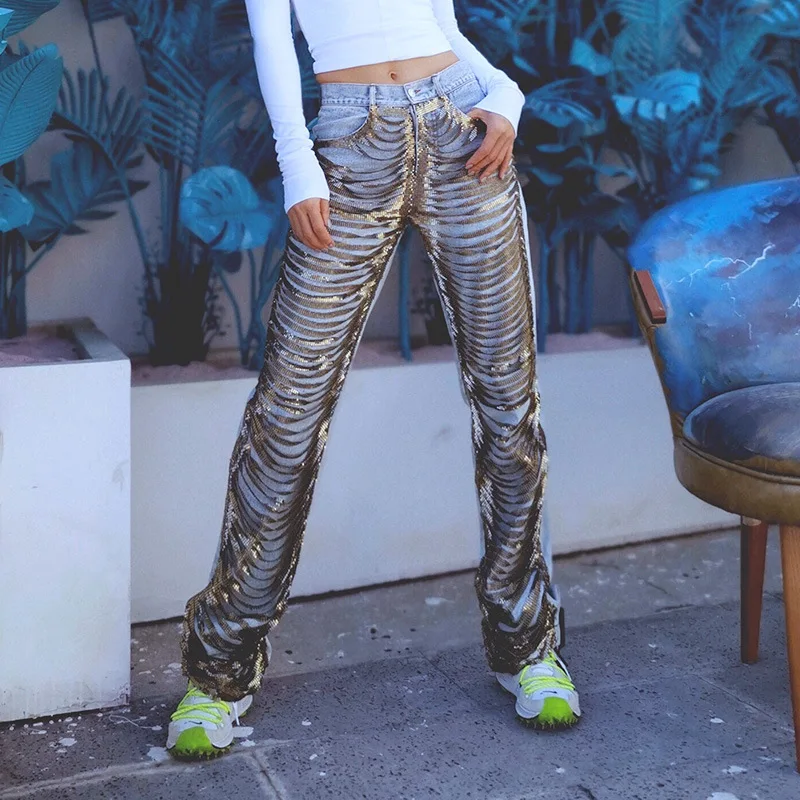 

2020 Spring and Autumn Hip Hop Style Jeans for Women Metal Chain Punk Denim Pants Tassel Individuality Trousters