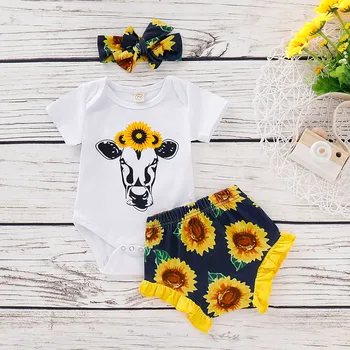 

Summer Fashion Infant Baby Toddler Girls 3pcs Short Sleeve Cartoon Cow Printed Romper Sunflowers Short Pant Headband Outfits Set