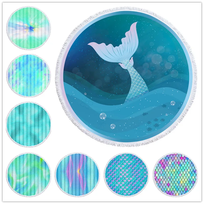 

Mermaid Style Beach Towel 150cm Microfiber Swimming Bath Towel Outdoor Camping Picnic Rest Blanket Beach Mat Yoga Pad