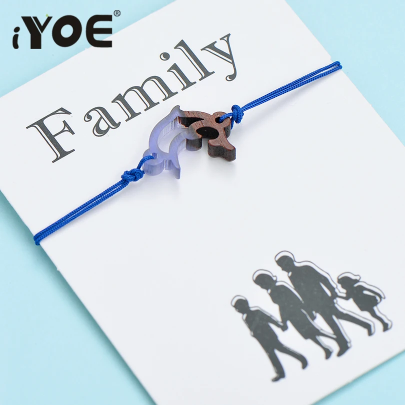

iYOE Wish Card Family Dolphin Charm Bracelets For Women Men Kids Wood & Resin Animal Handmade String Bracelet Friendship Jewelry