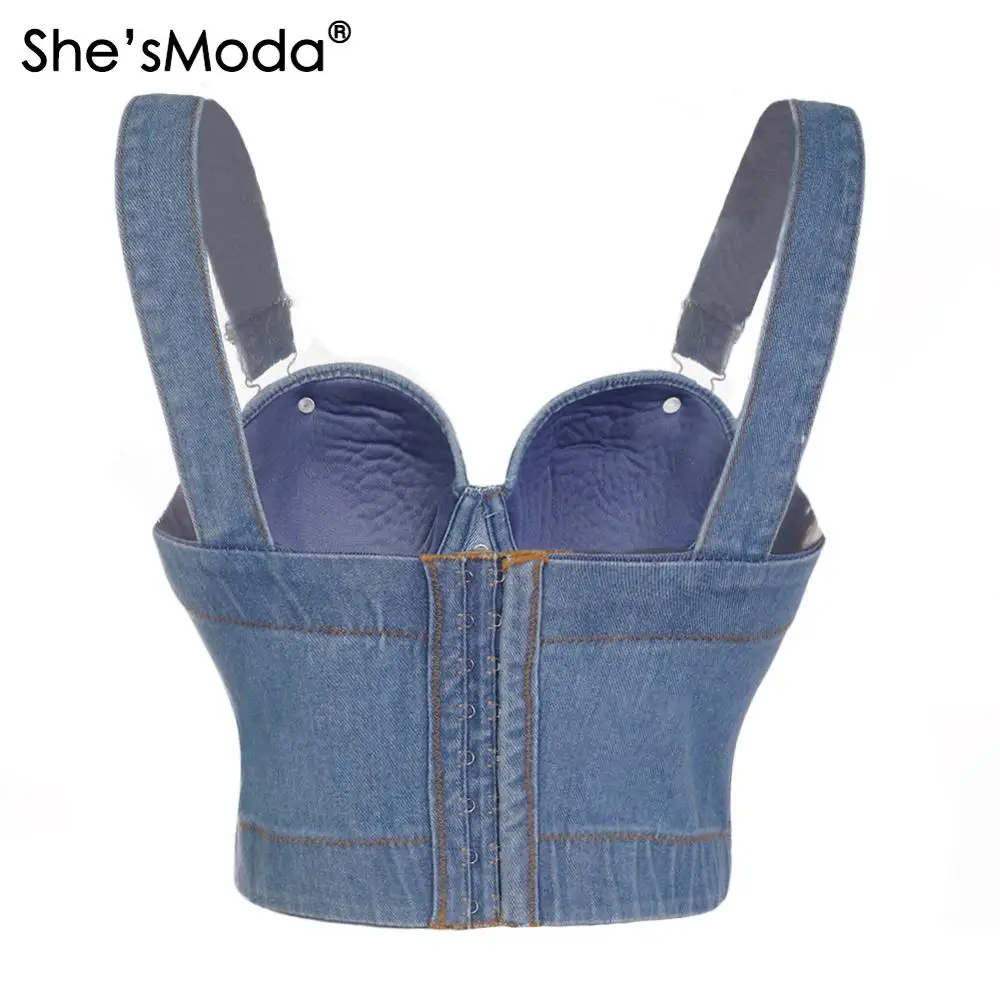 She'sModa Denim Jeans Scratched Women's Button Diamonds Ripped Push Up  Bustier Night Club Party Crop Top 2020 New Corset Camise