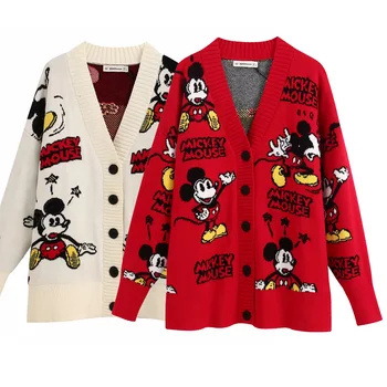

Vintage women's sweater cardigans cartoon print single breasted oversized V neck sweater casual knitted jacket female outwear