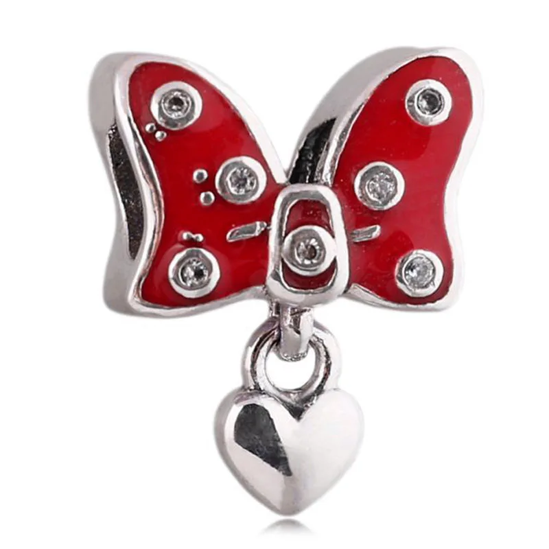 

New 925 Sterling Silver Bead Charm Red Enamel Minnie bowknot With Love Heart Pendant Beads Fit Pandora Bracelet Diy Jewelry