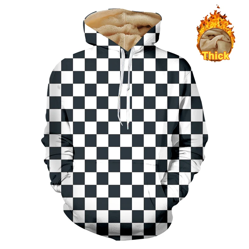 OGKB Autumn Winter Thicken Hoodies Mens Cool Print Black White Grid 3D Sweatshirt Couple Hooded Hoody Man Long Sleeve Pullover | Мужская