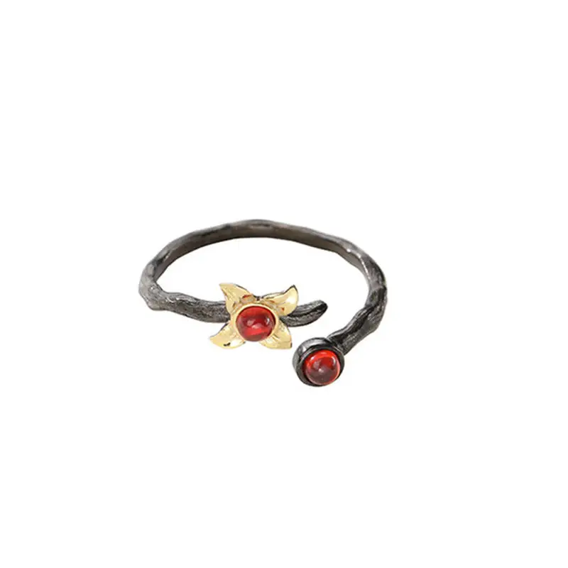 INZATT, настоящее 925 пробы, серебряное, красное, гранат, камень, цветок, кольцо для модных женщин, вечерние, милые ювелирные украшения, аксессуары, подарок на день рождения - Цвет камня: black