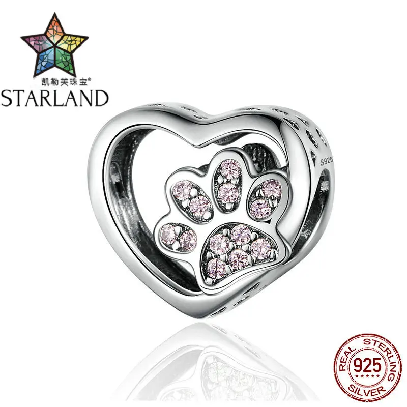 Starland Cat Love Heart-shape Charm 925 Sterling Silver Paw Footprints Heart Charms for Bangle Bracelet Fine Jewelry