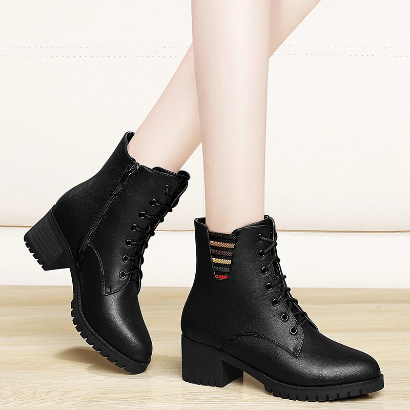 

Gold Lines Rabbit plus Velvet Martin Boots Women's British-Style Leather Boot 2019 Autumn And Winter New Style Chunky-Heel Short