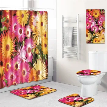 

Beautiful Scenery Flower Mat Bath Mat Toilet Cover Foot Mat Bathtub Mat Waterproof Shower Curtain Bathroom Mat Five-Piece Carpet