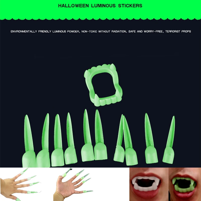 1 Set Horrific Fun Clown Dress Vampire Teeth Fake Nails Luminous Halloween Party Dentures Props Zombie Devil Fangs Tooth Tools