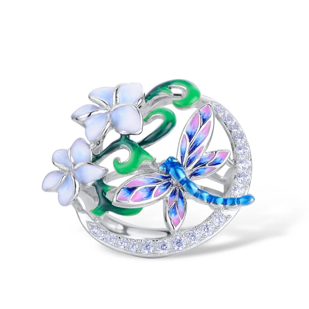 Новые модные ювелирные изделия нежные серебряные циркониевые кольца для женщин элегантные цветные Эмалированные кольца ручной работы с цветком стрекозы вечерние кольца