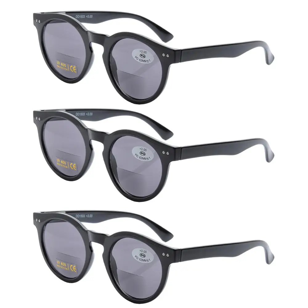 Black3pcs 3 шт Ретро бифокальные UV400 Солнцезащитные очки круглые винтажные бифокальные очки для чтения женские и мужские Брендовые очки для чтения+ 1,0 до+ 3,5 DD1503 - Цвет оправы: Black3pcs