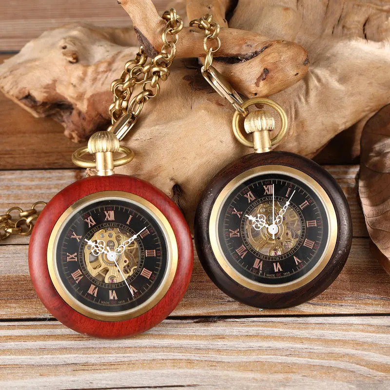 Square Wooden Mechanical Pocket Watch with Chain Luxury Red Wood Hand Winding Skeleton Roman Numbers Fob Watches Men Retro Clock