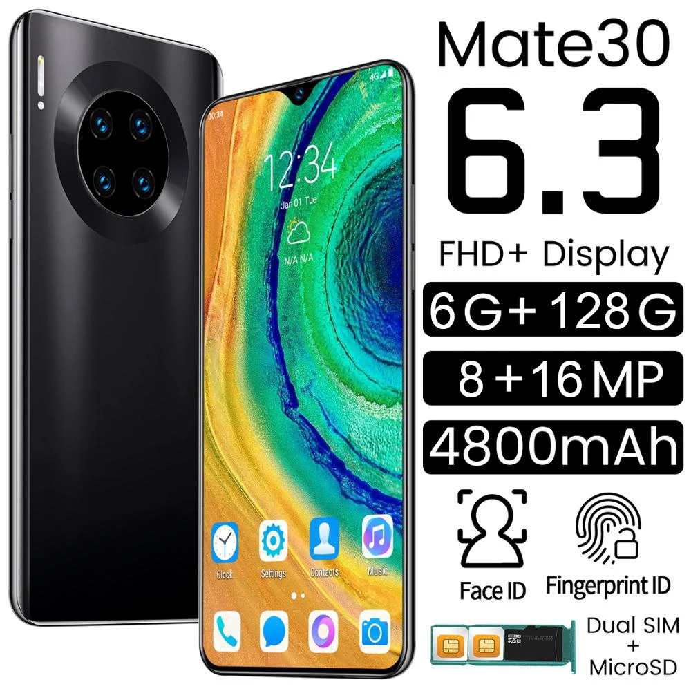 

Global Version Smartphones 6G RAM 128G ROM 16MP Face Unlocked Android Mobile Cell Phones 6.3" Water Drop Screen Mate 30