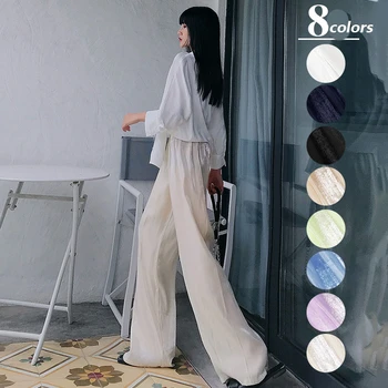 

LANMREM Summer 2020 new copper ammonia senior satin women's wide leg pants elastic high waist straight loose casual pants YJ478