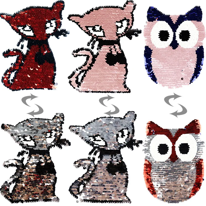 

Explosion Models Fashion Double-sided Flip Sequins Decorative Cloth Stickers Sequins Embroidered Patch Stickers Cat Owl