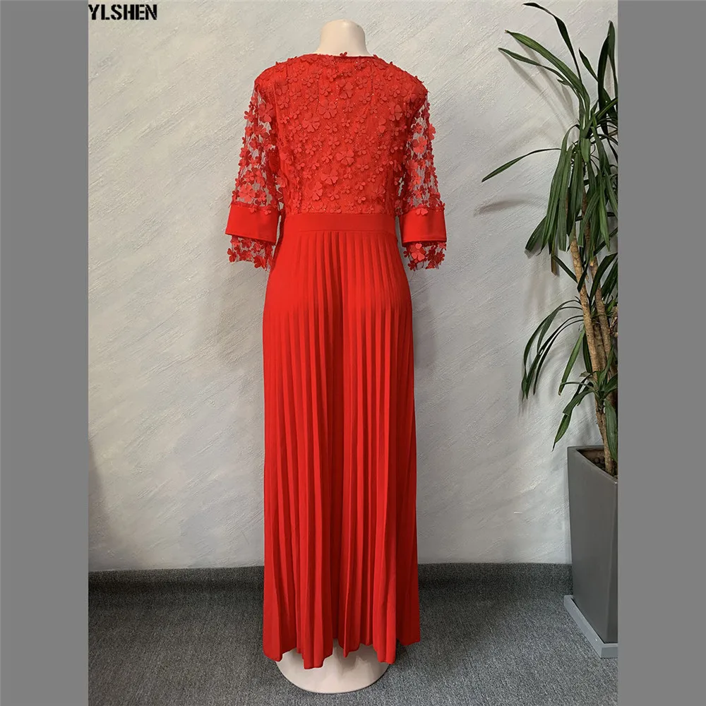 African Dresses For Women Africa Clothing African Design Bazin Lace Pleated Long Three-dimensional flower Glitter Dashiki Dress 02