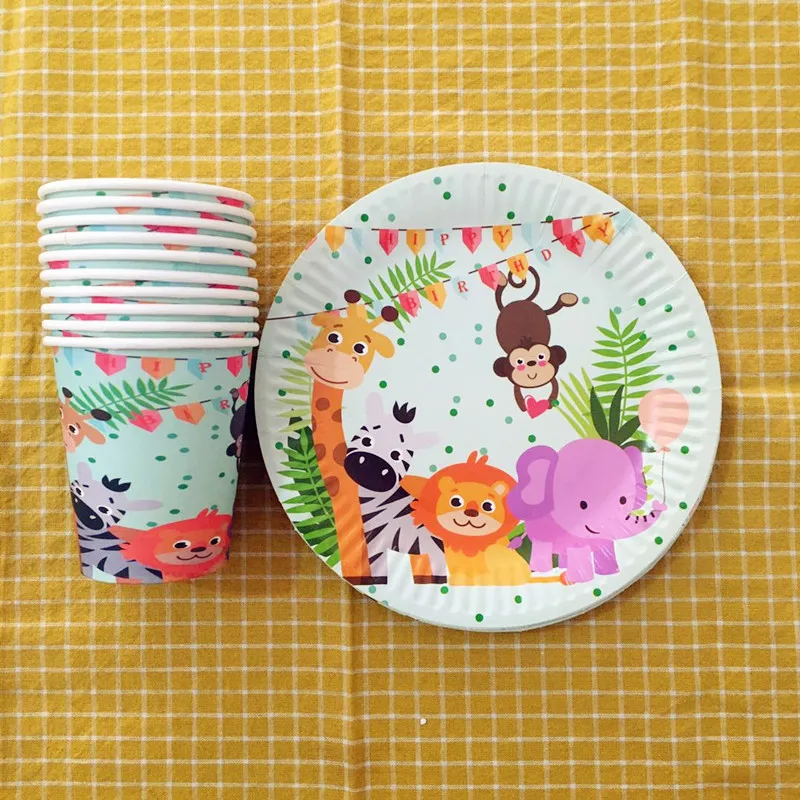 

20pcs/set Cartoon Safari Jungle Animals Theme 10pcs plates+10pcs paper cups Disposble Tableware Sets Baby Shower Kids Favor