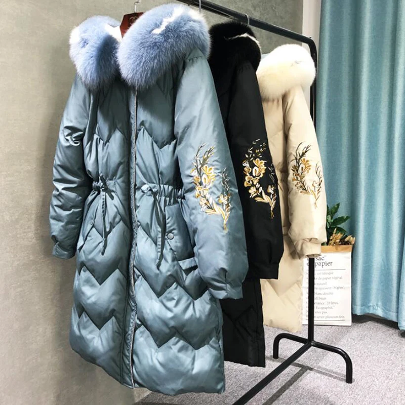 

Fox Fur Collar Down Jacket woman Winter Coat 2019 Hooded Slim Long 90% White Duck Down Parkas Coat embroidery Warm Snow Outwear