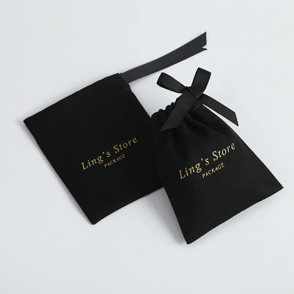 50pcs Jewelry Packaging Black Cotton Canvas Pouch Bags Custom Drawstring Bags Personalized Logo Printed Jewelry Package Gift Bag