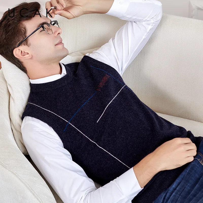Buy UCAK Brand Pure Merino Wool Sweater Vest 2019 New Arrival Casual Autumn Winter Pull Homme Streetwear Warm O-Neck Sweaters U3113