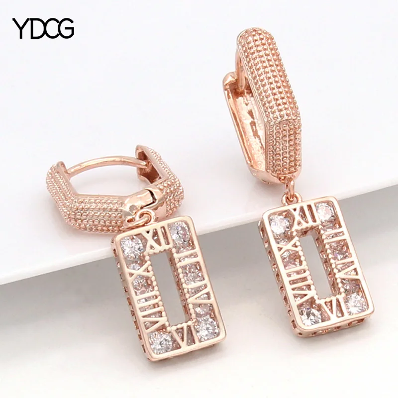 

YDCG Vintage Round Square Clock Cubic Zirconia Dangle Earrings 585 Rose Gold For Women Wedding Personality Elegant Jewelry