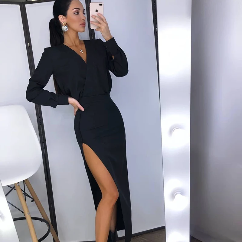 Wannathis красные платья до щиколотки с глубоким v-образным вырезом, длинные платья с разрезом, сексуальные элегантные вечерние платья до щиколотки с высокой талией, тонкие осенние новые