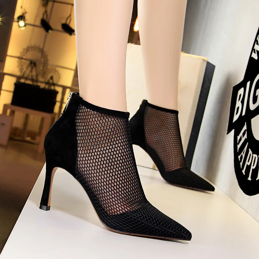 

2019 new spring and autumn pointed high-heeled ankle boots ladies sandals mesh Roman high heel stiletto ankle boots