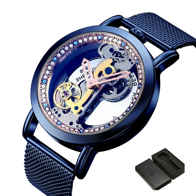 Роскошные мужские часы SHENHUA прозрачный циферблат Troubillon полностью стальные часы Мужские автоматические механические часы Relogio Masculino - Цвет: blue-box