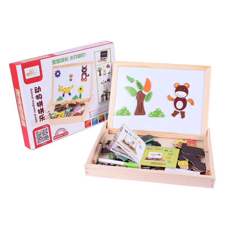 

Multi-functional Magnetic Animal Joypin Wooden Double-Sided Sketchpad Educational Toy Magnetic Puzzle Drawing Board Wholesale