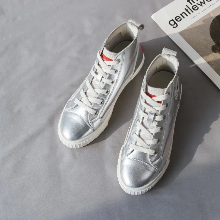

2018 Autumn New Style Hight-top Single Layer Leather Lace-up Casual Shoes Women's Korean-style Skateboard Shoes White Shoes WOME