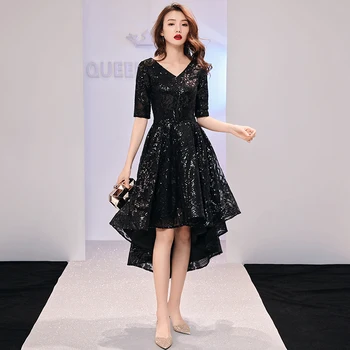 

2020 New Black Sequins Evening Dress Short Illusion Evening Gown Sexy V-Neck Formal Dress Brilliant Princess Banquet Dress