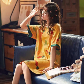 

Nightgown Female Summer Pure Cotton Sexy Cartoon Sweet Japanese-Style Students Large Size Loose Short Sleeve Palace Style