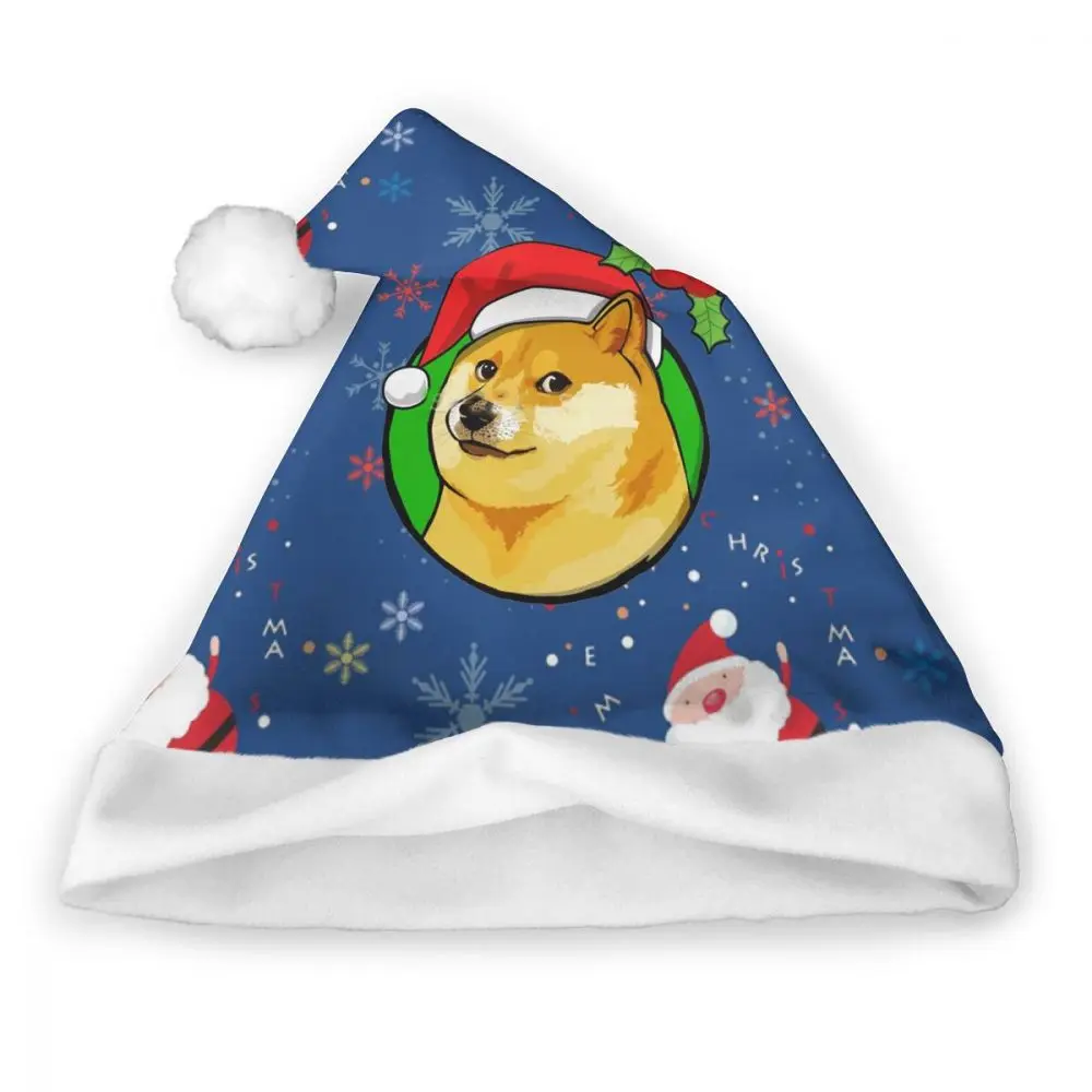 Шапка Санта-Клауса с принтом рождественской шляпки Doge Meme персонализированные шапочки для рождественской вечеринки с плюшевой отделкой для взрослых детей Рождественское украшение для дома