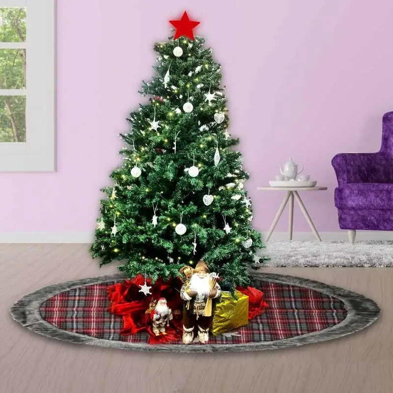 120cm Christmas Tree Skirts Cloth Check Wrap Edge Apron New Year Home Decor