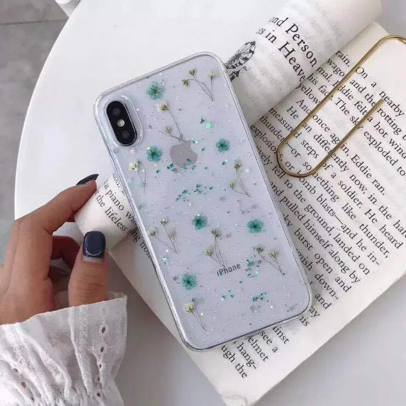 Прозрачный чехол с блестками Real Dry Flower для iPhone 12 11 Pro Max прозрачные чехлы XS X XR 8 7 Plus