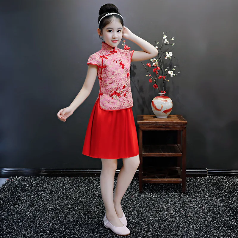 

Children Clothes Embroidery Dresses for Girls Set Chinese Style Cheongsam Short Kids Qi Pao Skirt Top 2PCS Qipao Dress Girl Suit