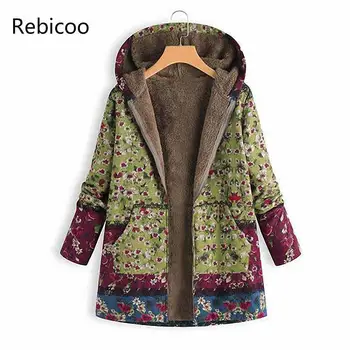 

Women Fleece Vintage Floral Print Hoodies Ladies Winter Casual Plus Size Zipper Cotton Long Plush Coats Spring Autumn